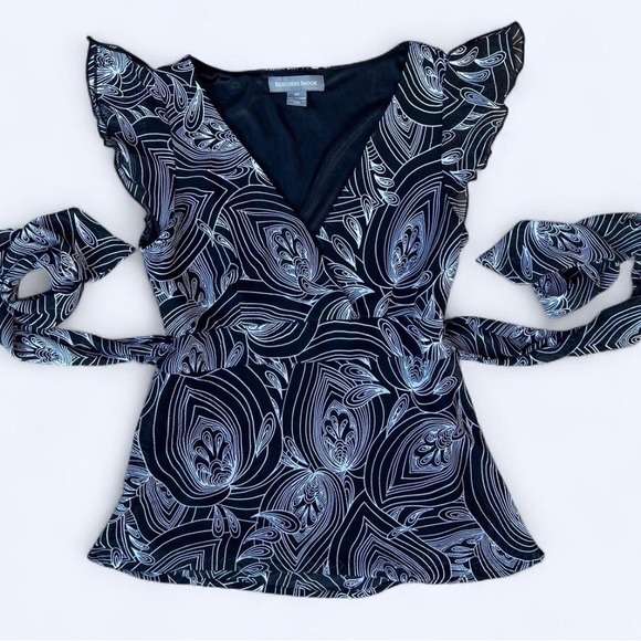 Breechers Brook Womens Y2K Fairycore Black Swirl Wrap Top Ruffle Blouse Small - Picture 1 of 8